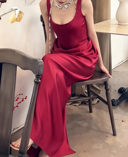 Sleek Spaghetti Straps Red Prom Dress Draped Satin A-Line Evening Dress GG6763
