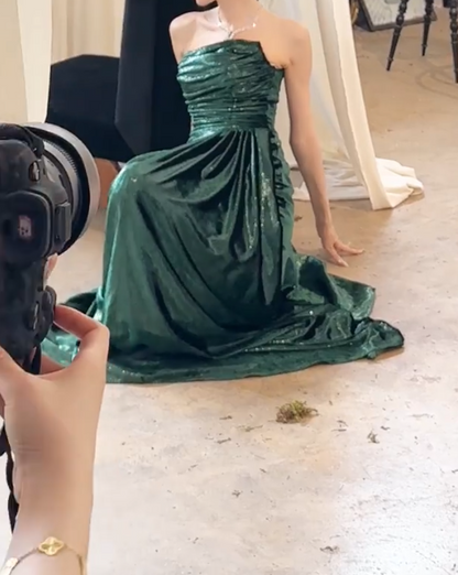 Attractive Strapless Dark Green Prom Dress Draped High Slit A-Line Evening Dress GG6764