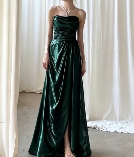 Attractive Strapless Dark Green Prom Dress Draped High Slit A-Line Evening Dress GG6764