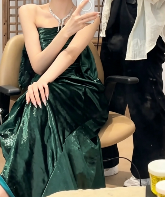 Attractive Strapless Dark Green Prom Dress Draped High Slit A-Line Evening Dress GG6764