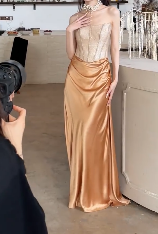Alluring Strapless Gold Prom Dress Draped Satin Sheath Evening Dress GG6765
