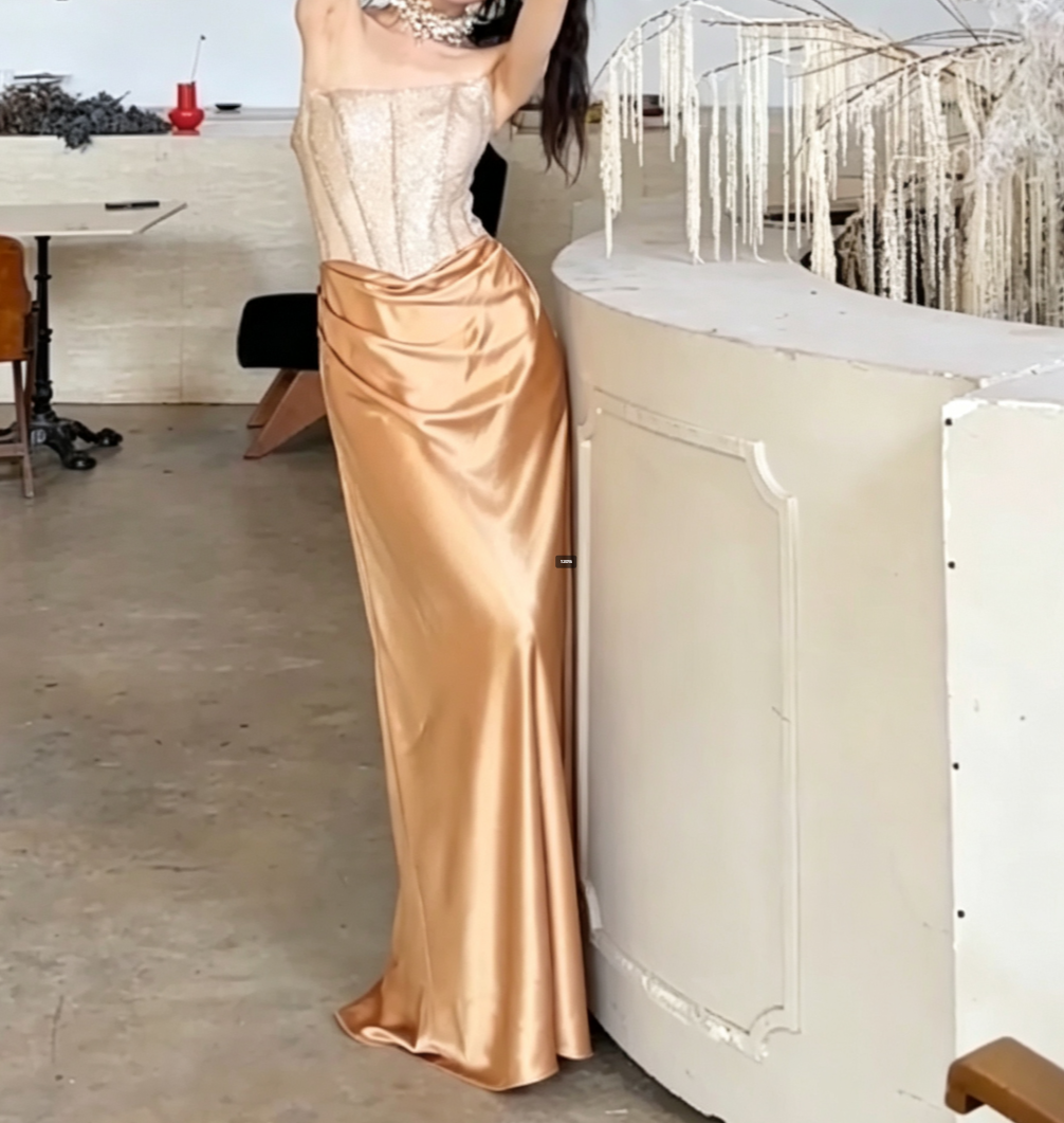 Alluring Strapless Gold Prom Dress Draped Satin Sheath Evening Dress GG6765