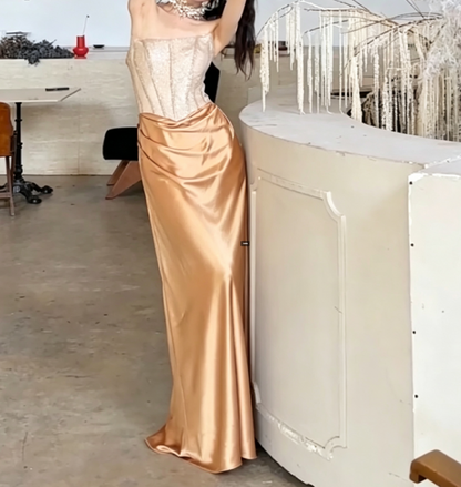 Alluring Strapless Gold Prom Dress Draped Satin Sheath Evening Dress GG6765