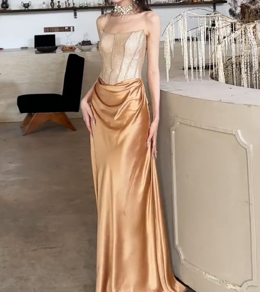 Alluring Strapless Gold Prom Dress Draped Satin Sheath Evening Dress GG6765