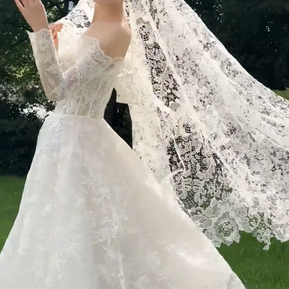 Romantic Off-Shoulder Wedding Dress Lace Long Sleeve A-Line Bridal Dress GG6766
