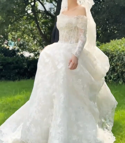 Romantic Off-Shoulder Wedding Dress Lace Long Sleeve A-Line Bridal Dress GG6766