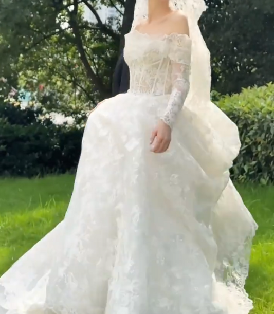Romantic Off-Shoulder Wedding Dress Lace Long Sleeve A-Line Bridal Dress GG6766