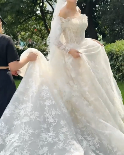 Romantic Off-Shoulder Wedding Dress Lace Long Sleeve A-Line Bridal Dress GG6766