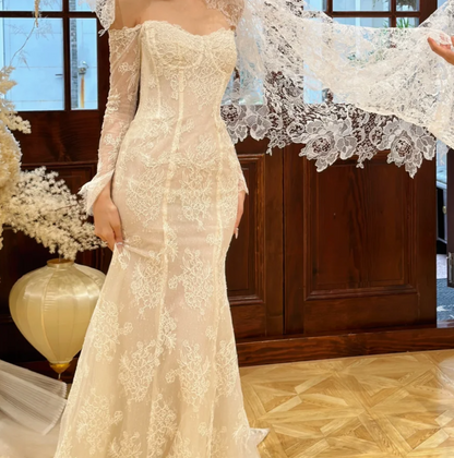 Trendy Off-Shoulder Wedding Dress Lace Long Sleeve Mermaid Bridal Dress GG6768