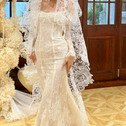 Trendy Off-Shoulder Wedding Dress Lace Long Sleeve Mermaid Bridal Dress GG6768