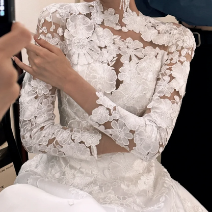 Alluring High Collar Appliques Wedding Dress Long Sleeve Satin A-Line Bridal Dress GG6771