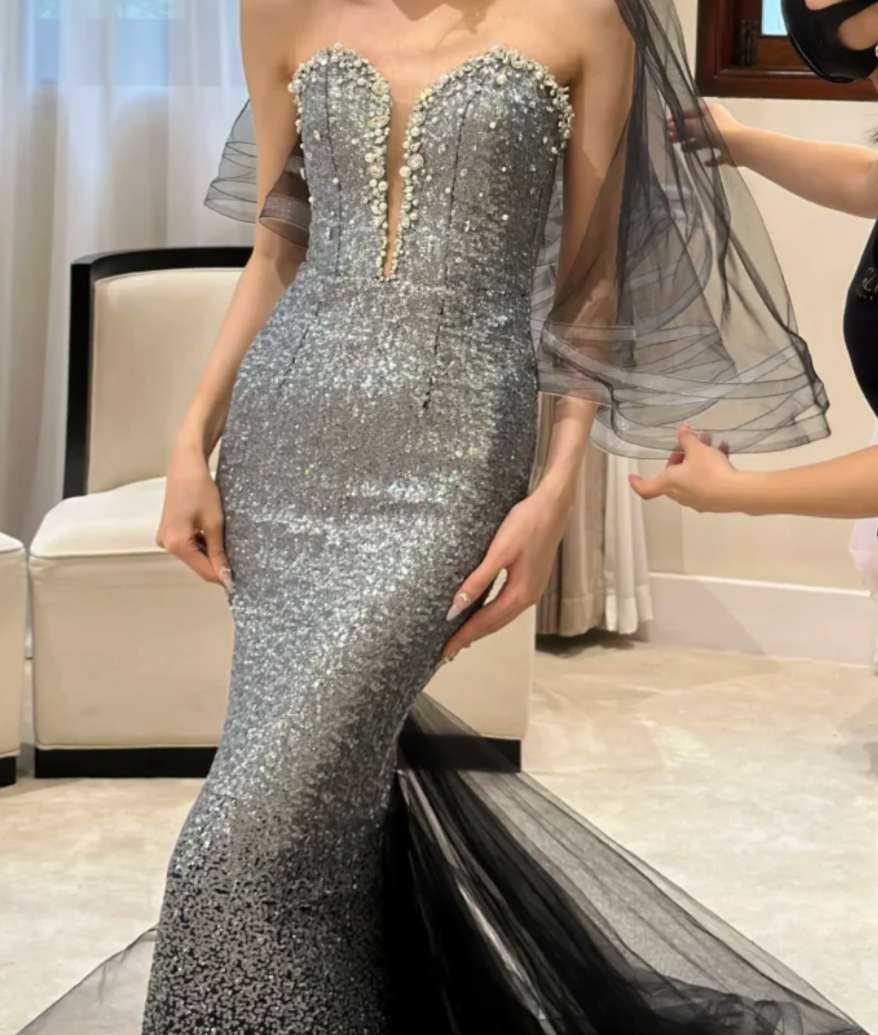 Sparkly Strapless Silver Prom Dress Sequins Beads Mermaid Evening Dress GG6772