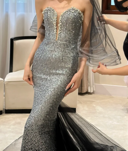 Sparkly Strapless Silver Prom Dress Sequins Beads Mermaid Evening Dress GG6772