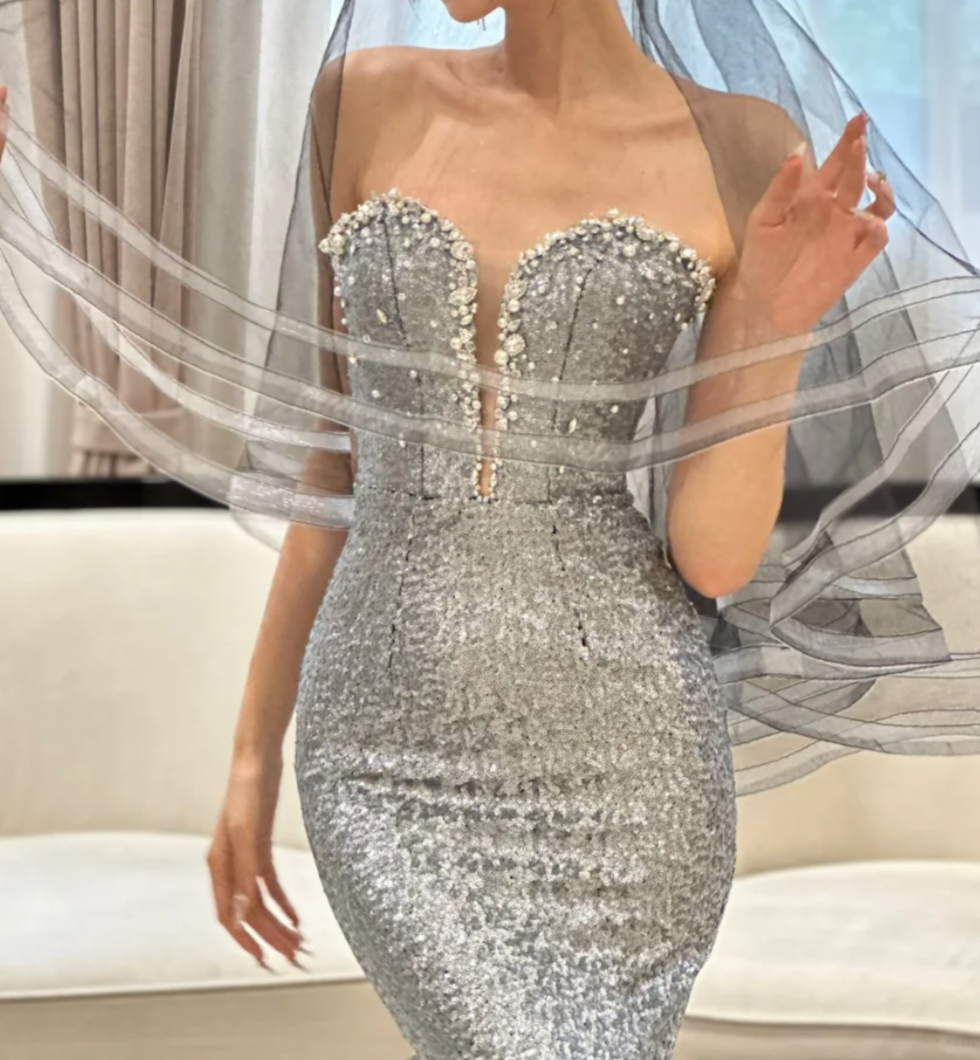 Sparkly Strapless Silver Prom Dress Sequins Beads Mermaid Evening Dress GG6772