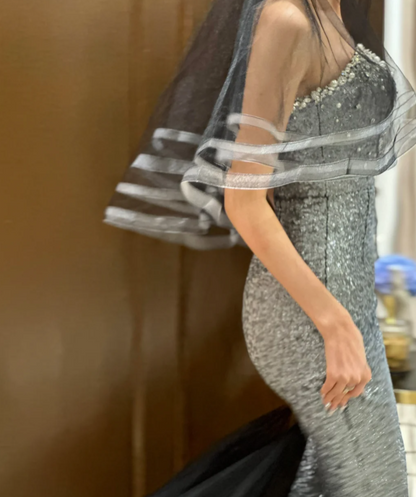 Sparkly Strapless Silver Prom Dress Sequins Beads Mermaid Evening Dress GG6772