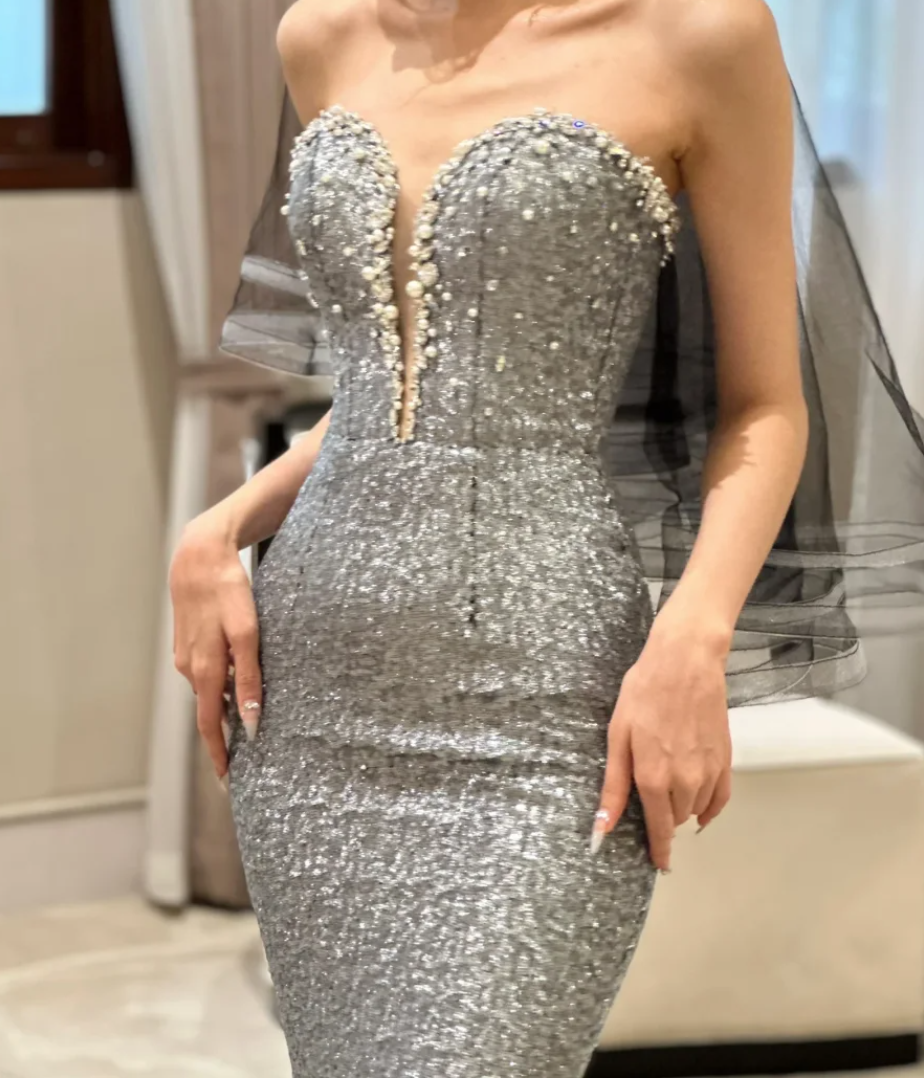 Sparkly Strapless Silver Prom Dress Sequins Beads Mermaid Evening Dress GG6772