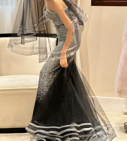 Sparkly Strapless Silver Prom Dress Sequins Beads Mermaid Evening Dress GG6772