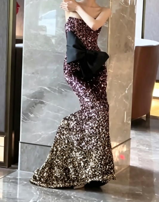 Glittering Strapless Gradient Fuchsia Prom Dress Sequins Bow Mermaid Evening Dress GG6773