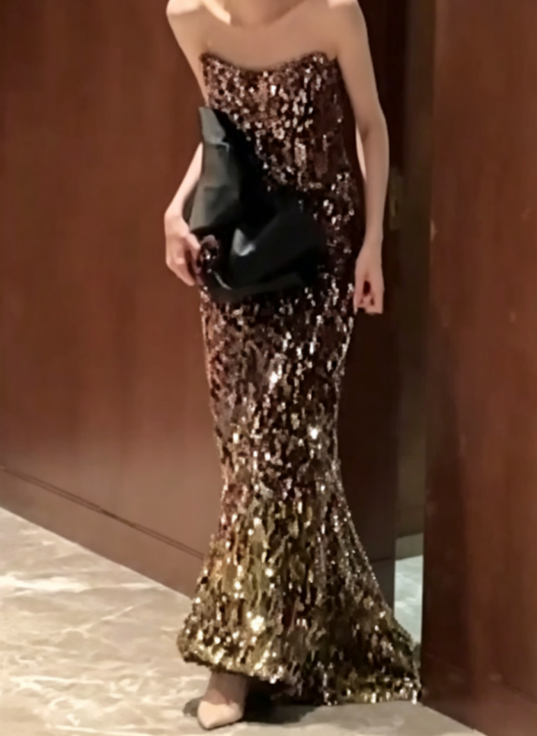 Glittering Strapless Gradient Fuchsia Prom Dress Sequins Bow Mermaid Evening Dress GG6773