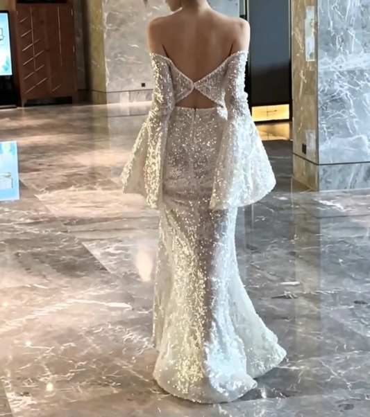 Chic Off-Shoulder White Prom Dress Long Sleeve Sequins Mermaid Evening Dress GG6774