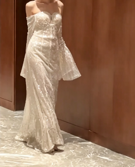 Chic Off-Shoulder White Prom Dress Long Sleeve Sequins Mermaid Evening Dress GG6774