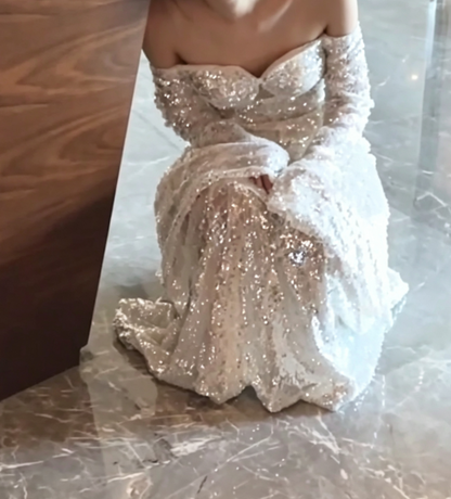 Chic Off-Shoulder White Prom Dress Long Sleeve Sequins Mermaid Evening Dress GG6774