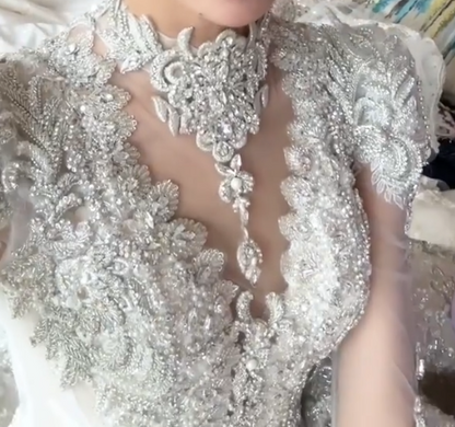 Exquisite High Collar Wedding Dress Long Sleeve Beaded A-Line Bridal Dress GG6776