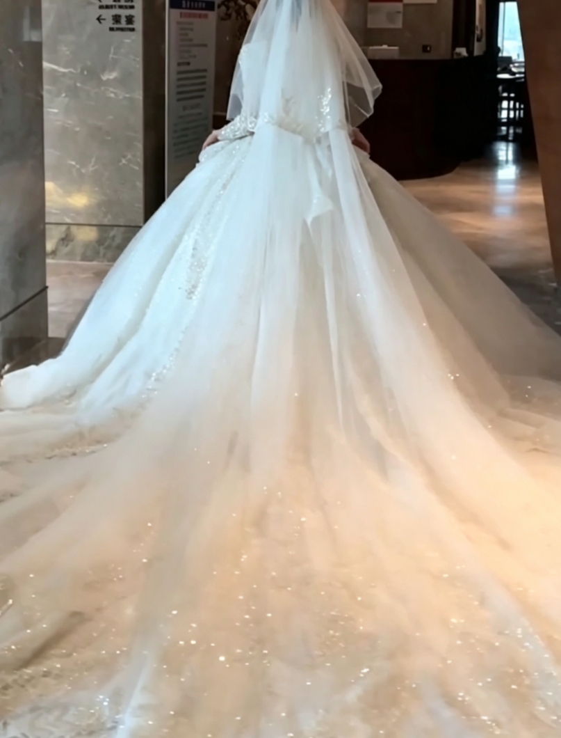 Exquisite High Collar Wedding Dress Long Sleeve Beaded A-Line Bridal Dress GG6776