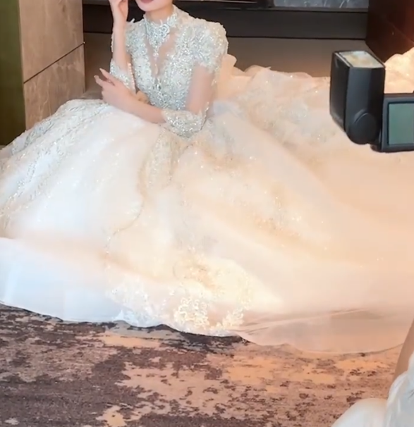 Exquisite High Collar Wedding Dress Long Sleeve Beaded A-Line Bridal Dress GG6776
