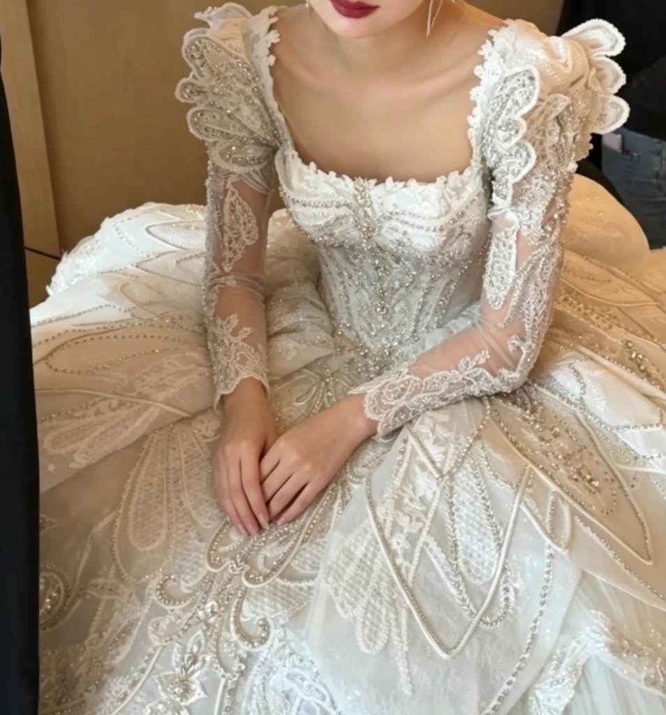 Attractive Square Neck Tiered Wedding Dress Long Sleeve Beaded A-Line Bridal Dress GG6777