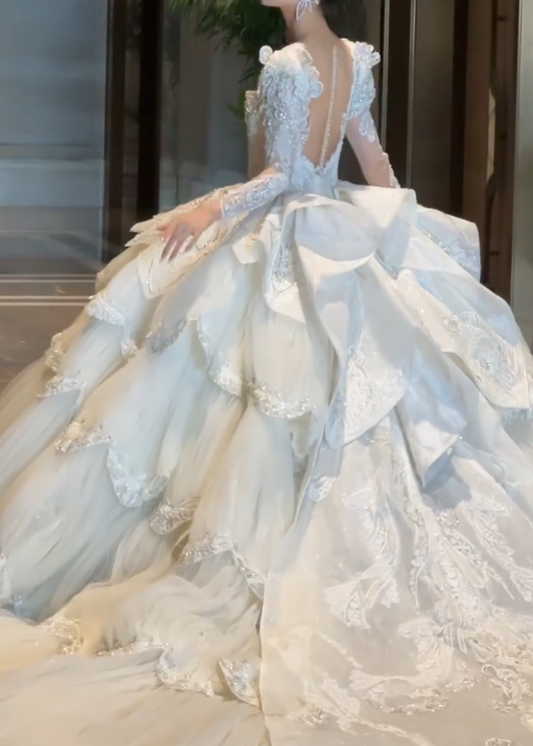 Attractive Square Neck Tiered Wedding Dress Long Sleeve Beaded A-Line Bridal Dress GG6777