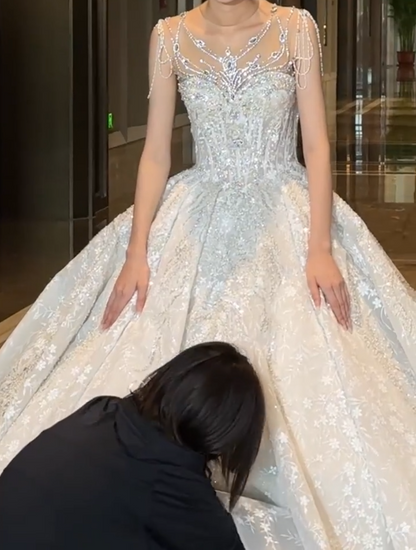 Charming Illusion Neck Sequins Wedding Dress Bow Beading A-Line Bridal Dress GG6778