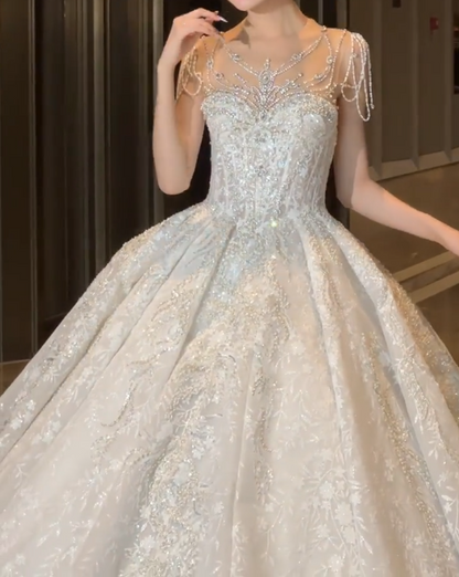 Charming Illusion Neck Sequins Wedding Dress Bow Beading A-Line Bridal Dress GG6778