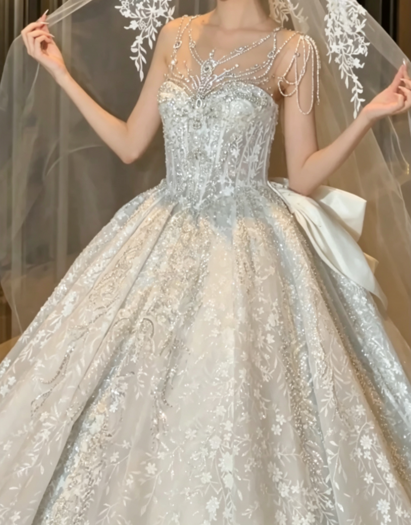Charming Illusion Neck Sequins Wedding Dress Bow Beading A-Line Bridal Dress GG6778