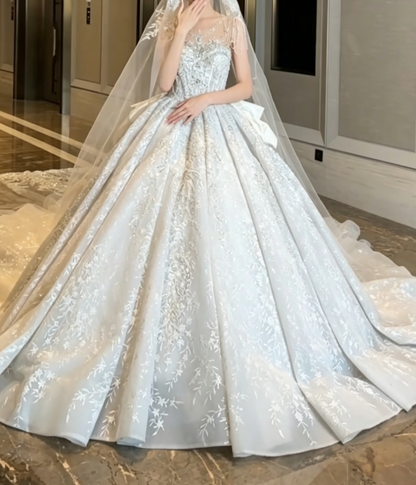 Charming Illusion Neck Sequins Wedding Dress Bow Beading A-Line Bridal Dress GG6778