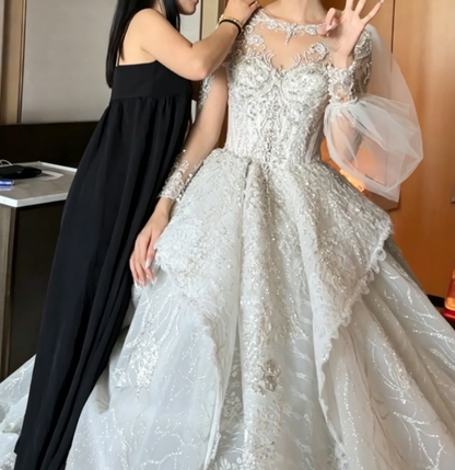 Alluring Illusion Neck Sequins Wedding Dress Long Sleeve Beaded A-Line Bridal Dress GG6779