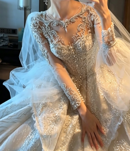 Alluring Illusion Neck Sequins Wedding Dress Long Sleeve Beaded A-Line Bridal Dress GG6779