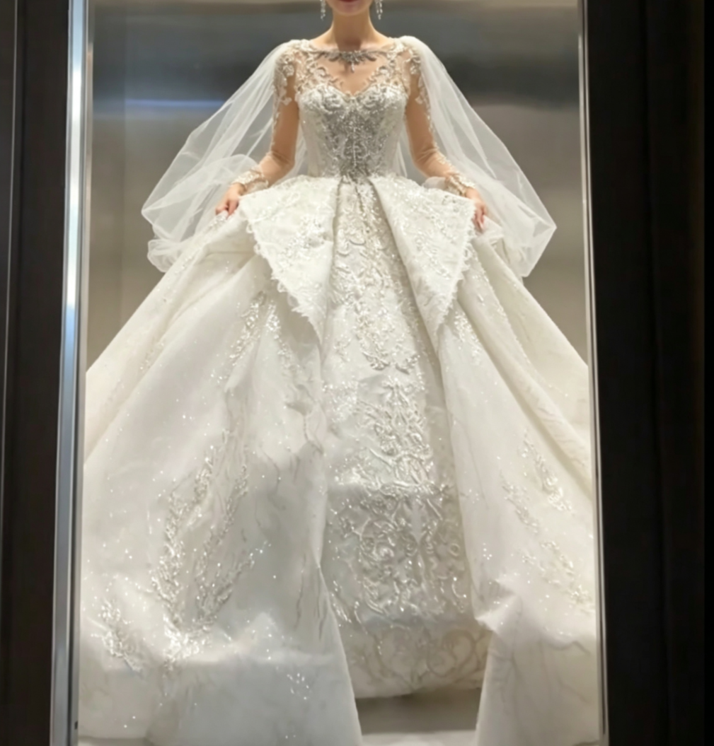 Alluring Illusion Neck Sequins Wedding Dress Long Sleeve Beaded A-Line Bridal Dress GG6779