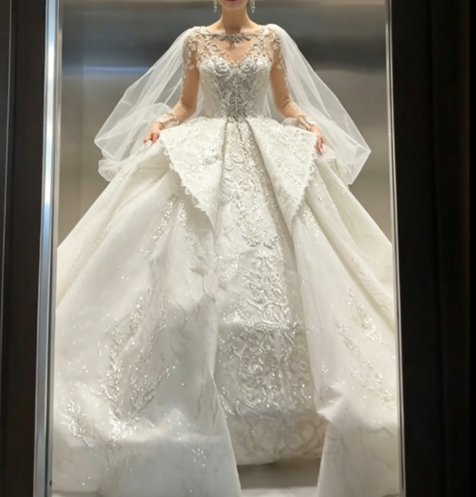 Alluring Illusion Neck Sequins Wedding Dress Long Sleeve Beaded A-Line Bridal Dress GG6779