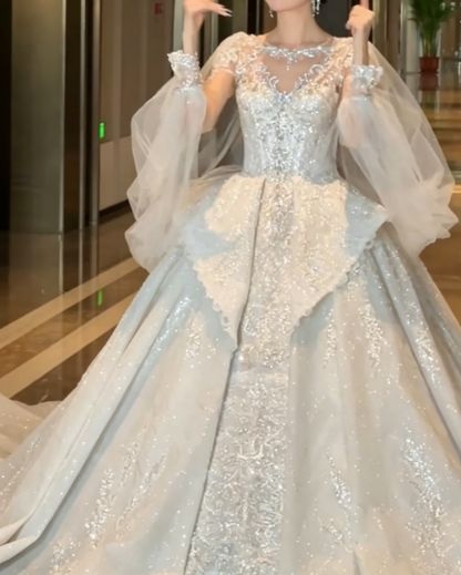 Alluring Illusion Neck Sequins Wedding Dress Long Sleeve Beaded A-Line Bridal Dress GG6779