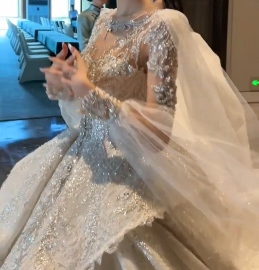 Alluring Illusion Neck Sequins Wedding Dress Long Sleeve Beaded A-Line Bridal Dress GG6779
