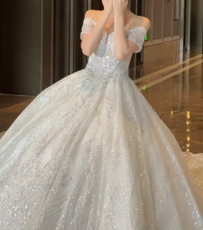Graceful Off-Shoulder Sequins Wedding Dress Beading A-Line Bridal Dress GG6780