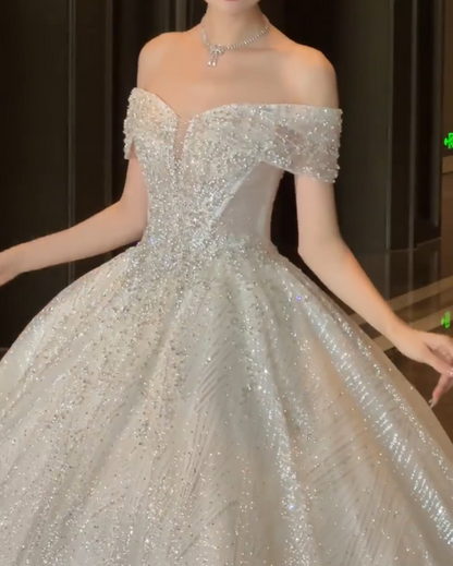 Graceful Off-Shoulder Sequins Wedding Dress Beading A-Line Bridal Dress GG6780