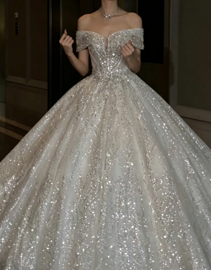 Graceful Off-Shoulder Sequins Wedding Dress Beading A-Line Bridal Dress GG6780