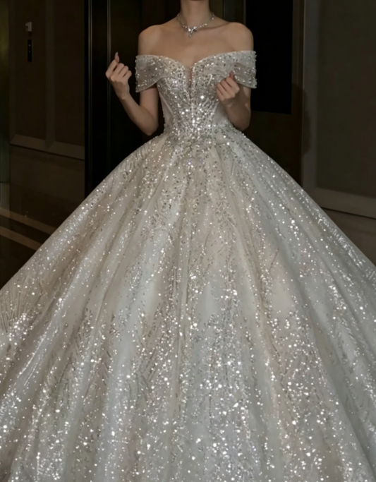 Graceful Off-Shoulder Sequins Wedding Dress Beading A-Line Bridal Dress GG6780