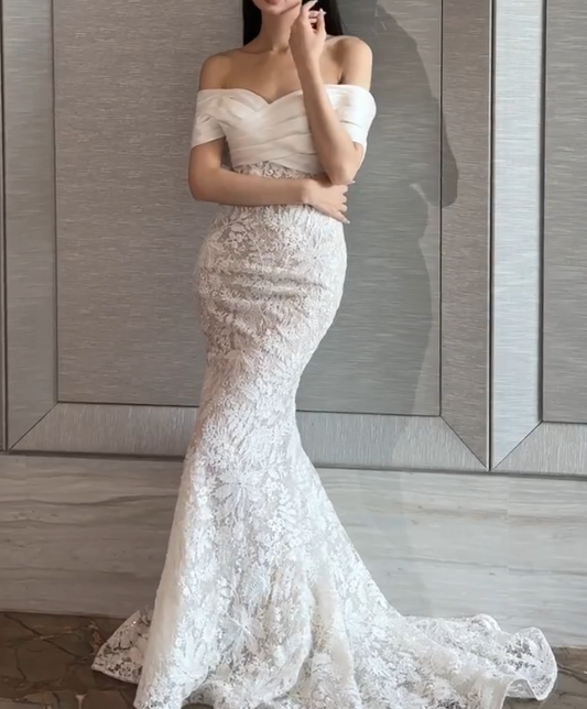 Chic Off-Shoulder Wedding Dress Lace Mermiad Bridal Dress GG6781