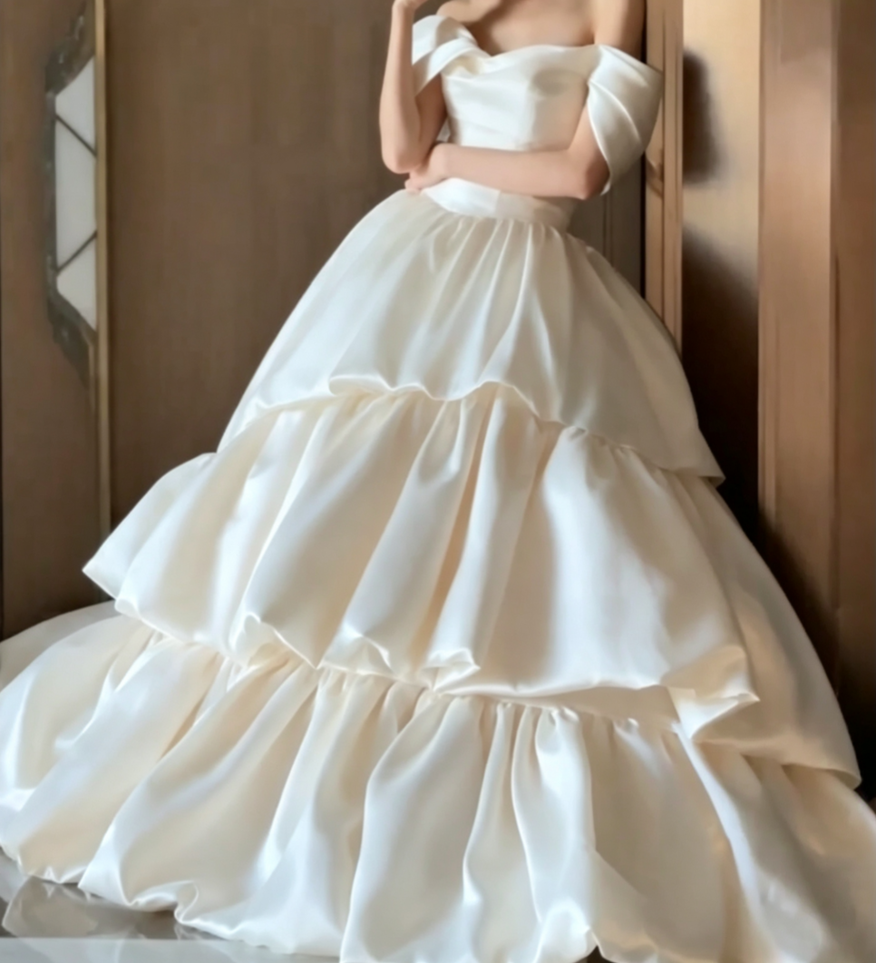 Sleek Off-Shoulder Beads Wedding Dress Tiered Satin A-Line Bridal Dress GG6782