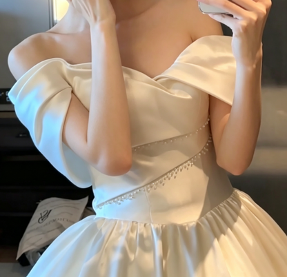 Sleek Off-Shoulder Beads Wedding Dress Tiered Satin A-Line Bridal Dress GG6782