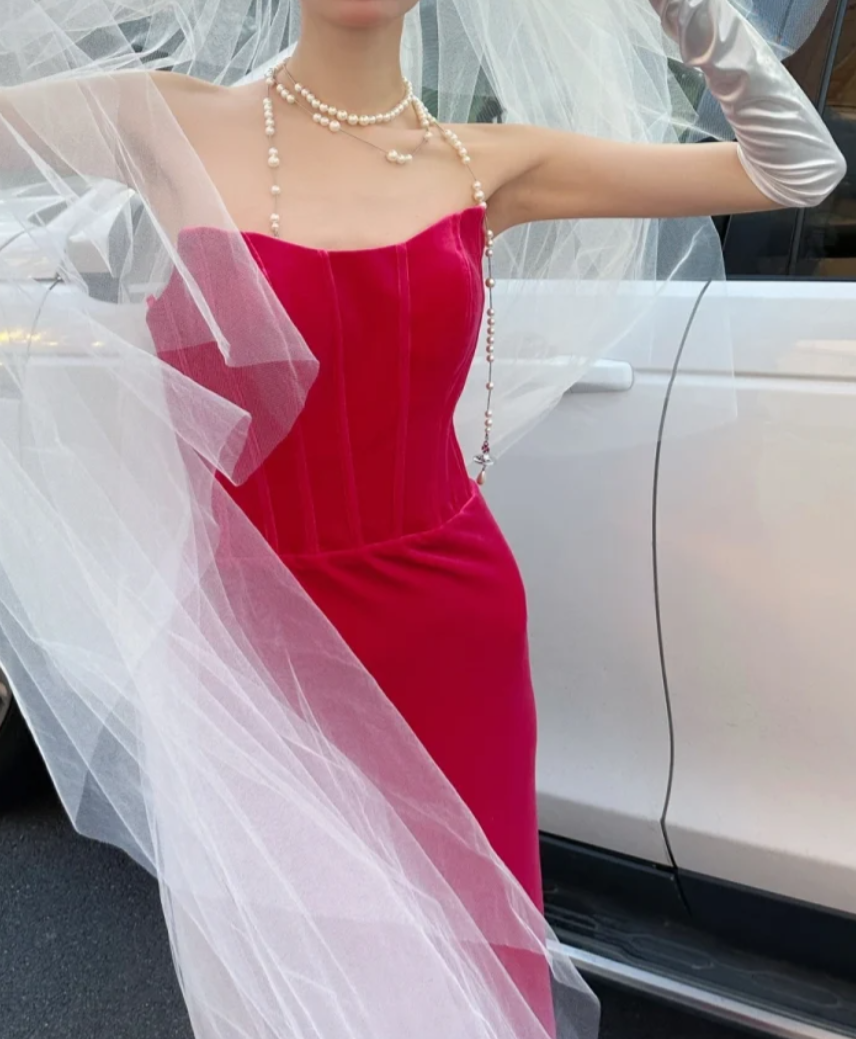 Sexy Strapless Fuchsia Prom Dress Velvet Sheath Evening Dress GG6784
