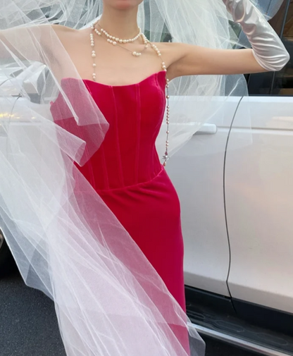 Sexy Strapless Fuchsia Prom Dress Velvet Sheath Evening Dress GG6784